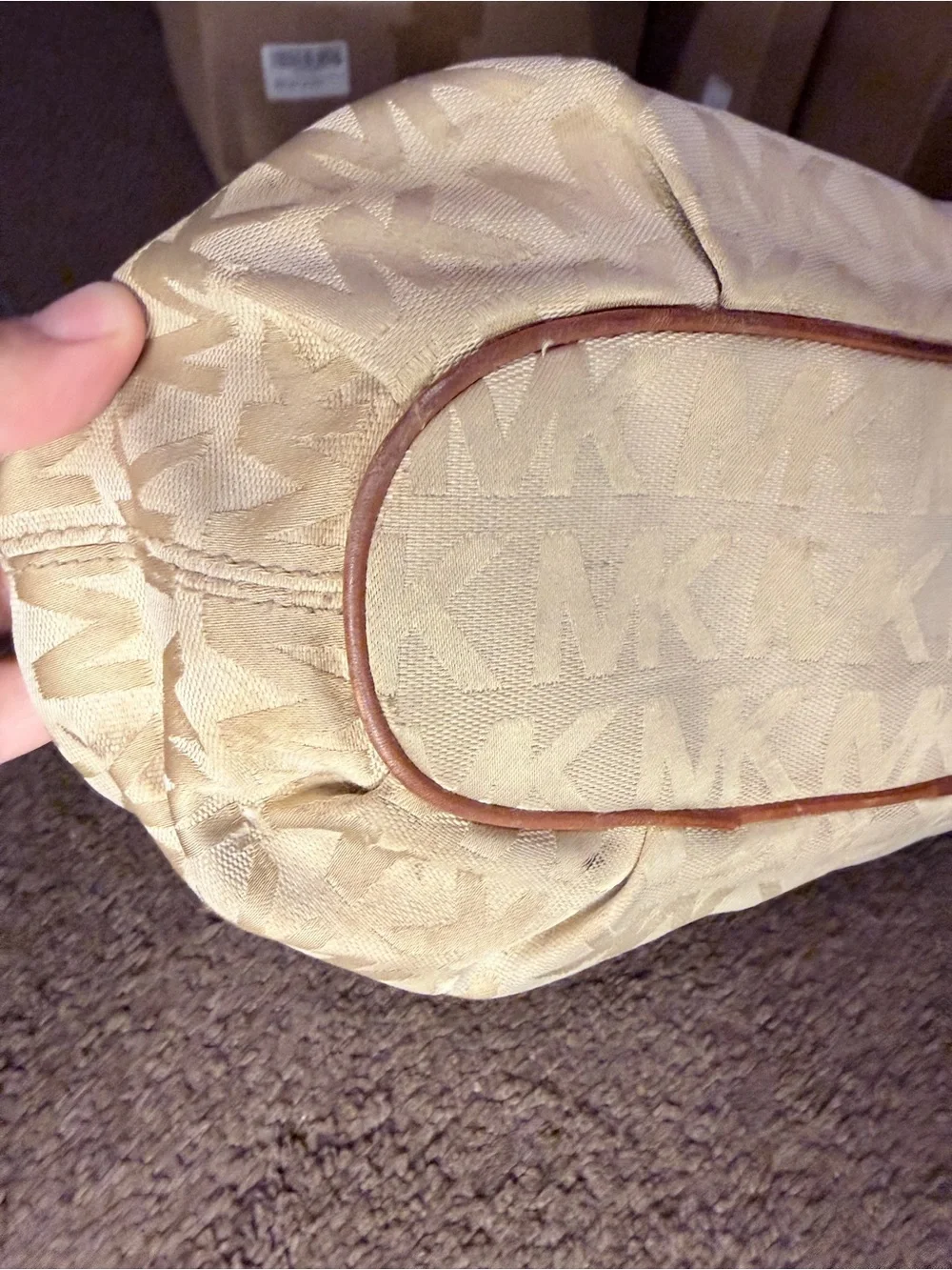 Michael Kors Beige MK Logo Drawstring Hobo with Brown Leather Handles